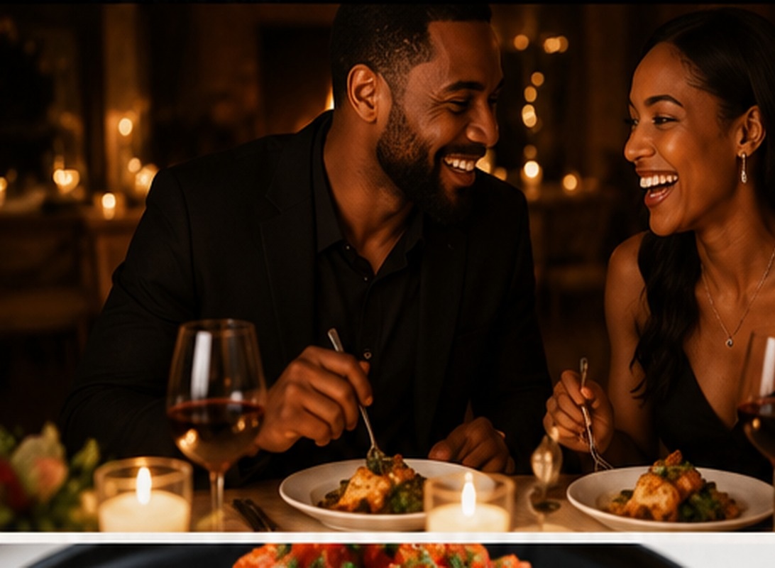 Smiling couple enjoying dinner